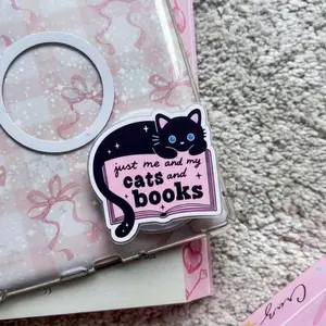 Cute Bookworm Black Cat Phone Holder, Just Me and My Cats and Books Acrylic Grip, Gift for Readers and Bibliophiles, Aesthetic Pink Stationery Phone Stand Accessory