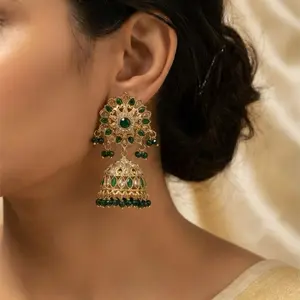 Earring - Elegant Green Beaded Jhumka Design with Intricate Gold Plating for Women's Fashion