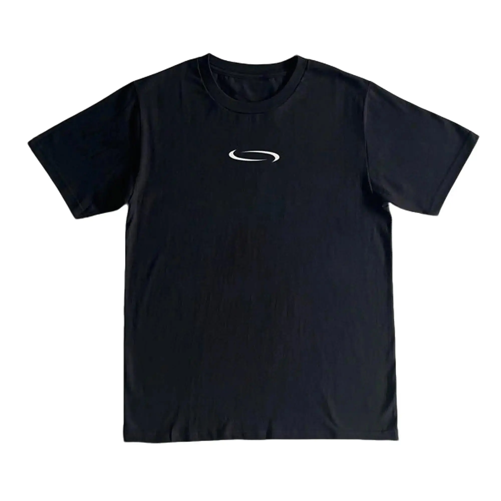 Women's Minimalist Unisex Short Sleeve Tops - Opium Minimal Curve Logo Graphic Crewneck T-Shirt, Simple Front Graphic Print Casual Streetwear Basic Comfort Top for Daily Spring Summer Outfits (Black)