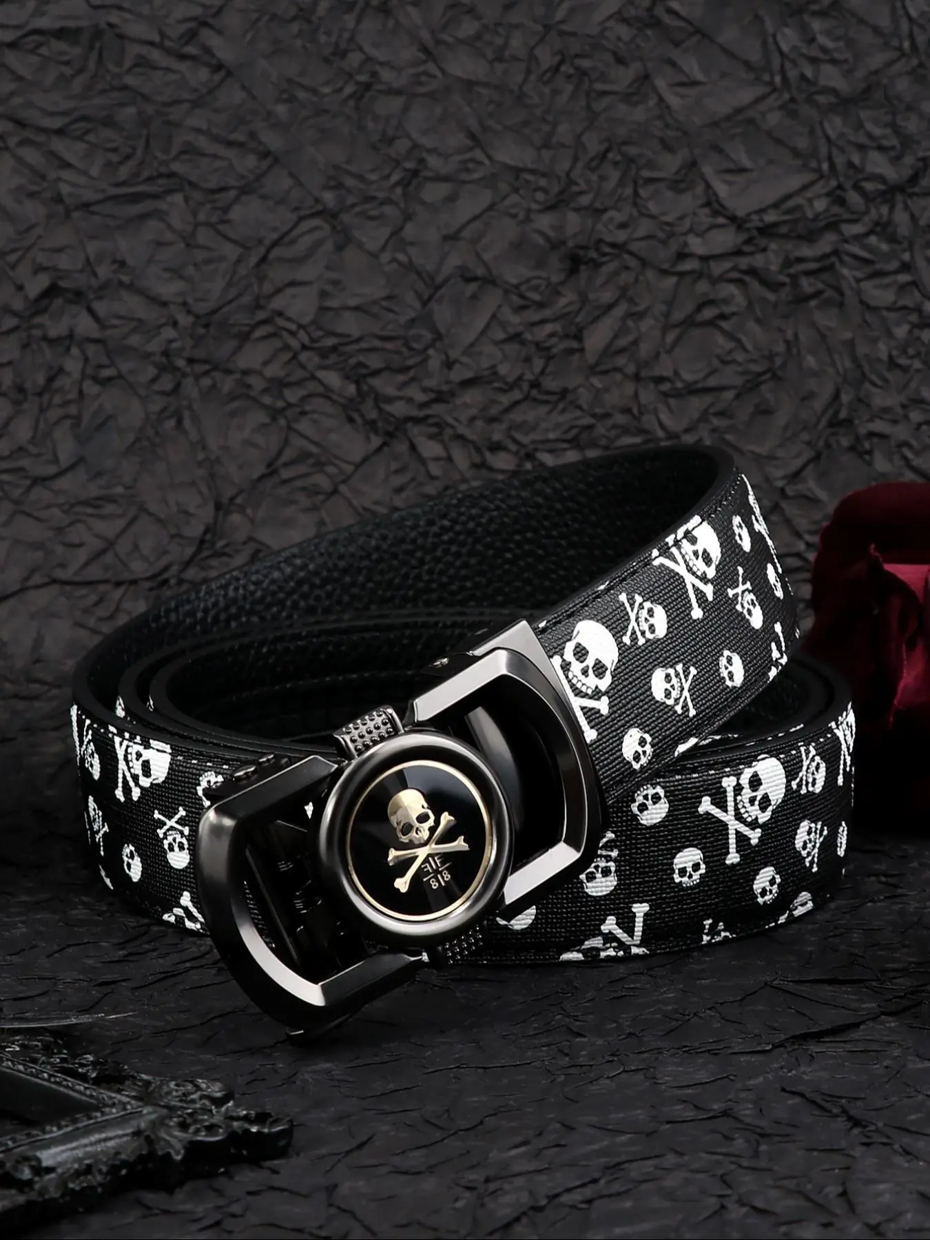 Men's Punk Style Skull Print Automatic Buckle Belt, Street Style Belt, Fashion Belt for Party, Daily Clothing Decor, Trendy All-match & Exquisite Belt for Birthday Gift, Belts Men, Belt with Buckle, Men Accessories