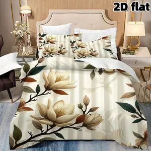 2D Flat 3Pcs Elegant Floral Duvet Cover Set Vintage Magnolia Pattern Bedding Botanical Print Soft Microfiber Bedroom Decor Cream Beige Flower Design Comforter Cover with 2 Pillowcases Home Textile King Queen Size Bed