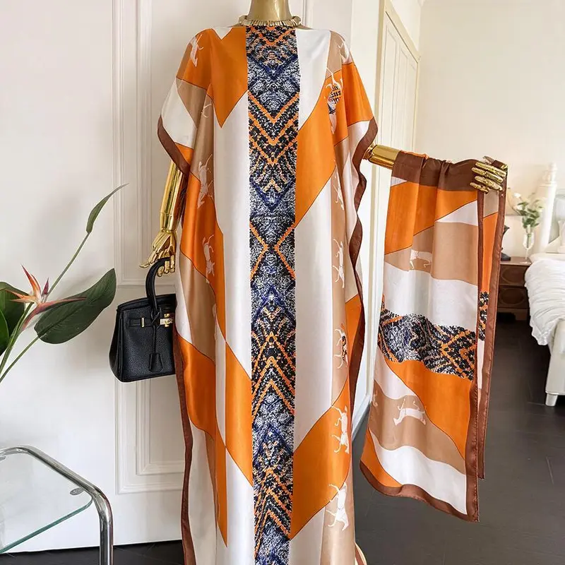 Women's Boho Colorblock-Floral Print Long Length Scarf-Poncho Matching Set, Casual Chic Outfit All-Seasons Soft Shawl, Everyday Party Beach Vacation Swimwear Cover-Up Fashion Accessory