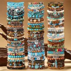 40pcs Vintage Western Styles Wooden Bead Bracelets Set for Women - Multi-Layer Assorted Colors Bracelet, Feather, Heart, Tree Charms, Summer Casual Style Daily Wear Jewelry, Ideal Holiday Gift