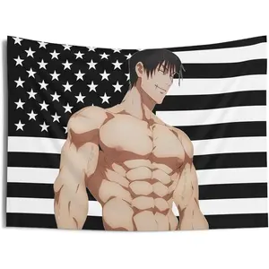 Jujutsu Kaisen Toji Fushiguro Muscular Tough Guy Black & White American Flag Tapestry 3x5 FT - Polyester Anime Fan Wall Hanging for Bedroom Decor, Fandom Aesthetic Banner