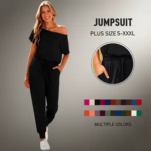 Women's Plus Size Off Shoulder Jumpsuit S-XXXL Elastic Waist Stretchy Jogger Romper Casual Comfy Summer Outfit