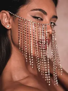Elegant Rhinestone Gold Silver Face Mask, Fashionable Versatile Tassel Detail, Stage Performance Facial Accessory, Mystery Style, Sparkling Accents, Theatrical Performance