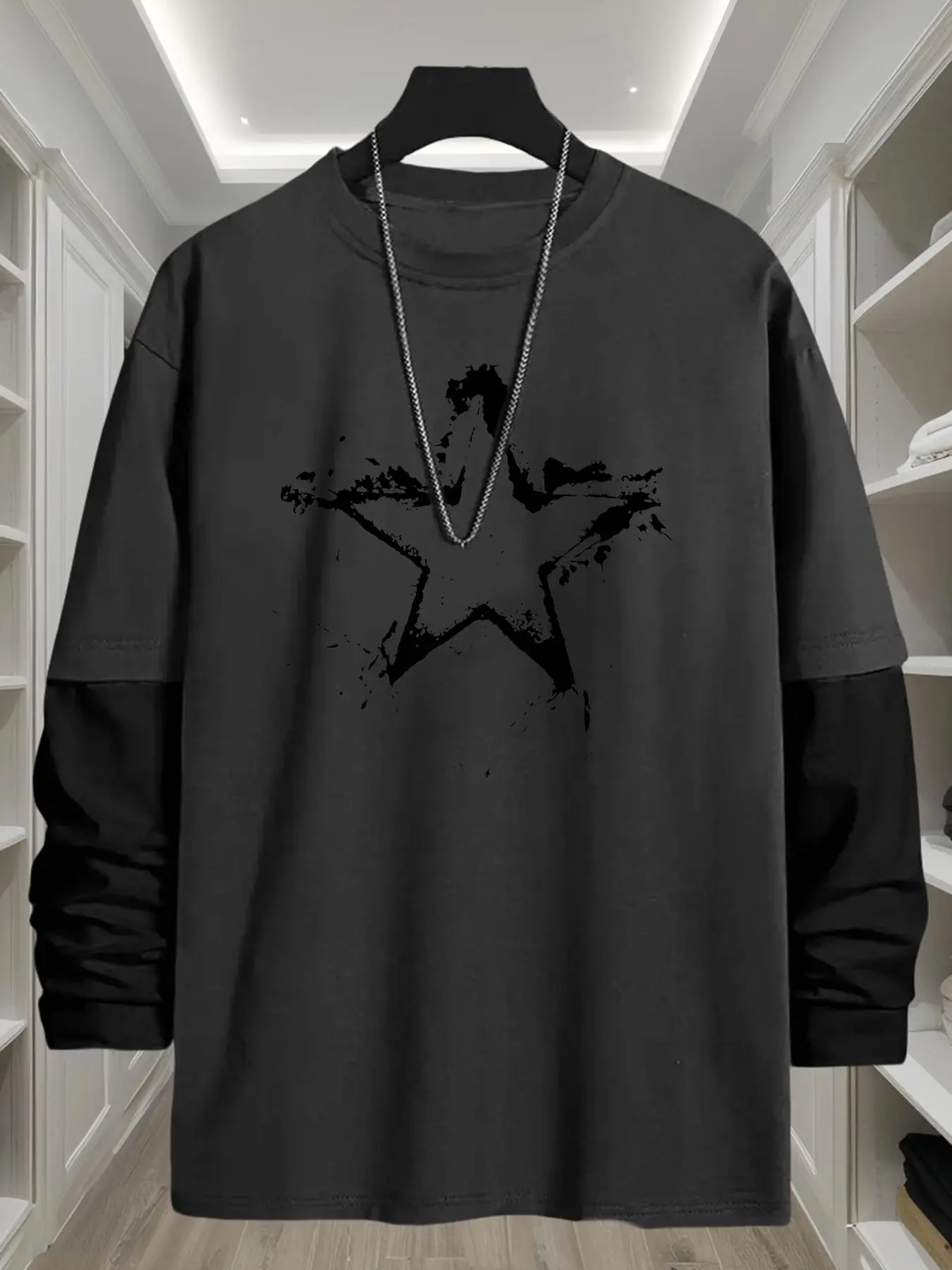 Men's Star Print Long Sleeve Tee, Casual Printed Graphic Design, Casual Comfy Loose Round Neck T-shirt for Daily Wear, Men's Top for All Seasons, Casual Streetwear Top