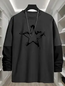 Men's Star Print Long Sleeve Tee, Casual Graphic Design, Casual Comfy Loose Round Neck T-shirt for Daily Wear, Men's Top for All Seasons
