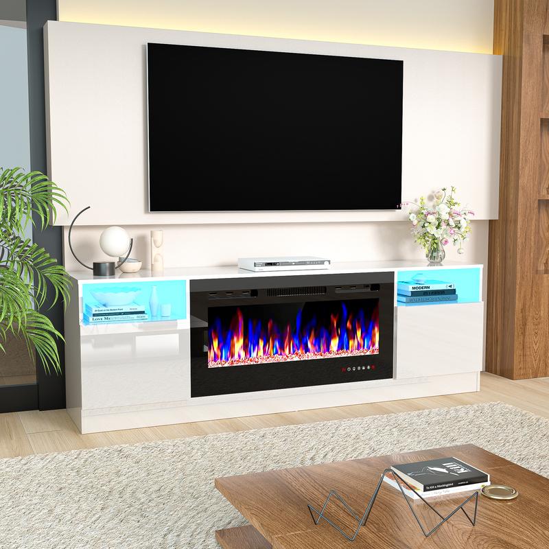 【2 Packages Shipping】Dragosum 70" Fireplace TV Stand,  LED Light Entertainment Center, TV Stand for TVs Up to 80" with 36" Electric Fireplace, TV Console for The Living Room,Storage Cabinet, Media Console Table