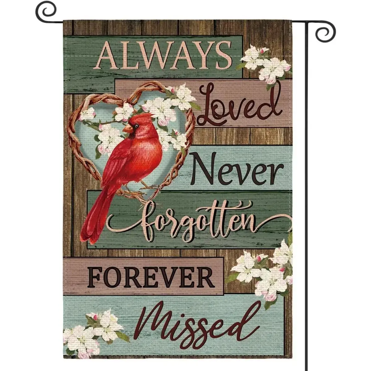 Cardinal Sympathy Garden Flag, 12x18in Double-Sided Outdoor Banner with "Always Loved Never Forgotten Forever Missed" Message, Memorial Red Bird Decor for Patio, Porch