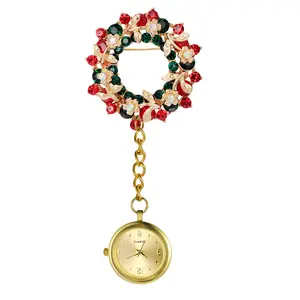 OIDEA Nurse Watch Christmas Wreath Dual-Purpose Festive Brooch for Women, Gold Tone, Quartz, 1ATM, 4.05 Inch