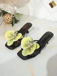 Women's Silver 3D Orchid Flower Square Toe Kitten Heel Slides, Romantic Boho Vacation-Chic Style, Elegant Bridal Sandals, Elegant Heeled Sandals #BohoVacationShoes, #SilverOrchidHeelSlides, #BridalWeddingSandals