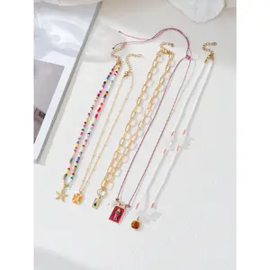 5pcs/Set Fashionable Asymmetrical Natural Stone Beaded Colorful Square Fish & Starfish Pendant Necklace, Multilayer Design, Women Daily Party Jewelry Accessory, Suitable For All Seasons