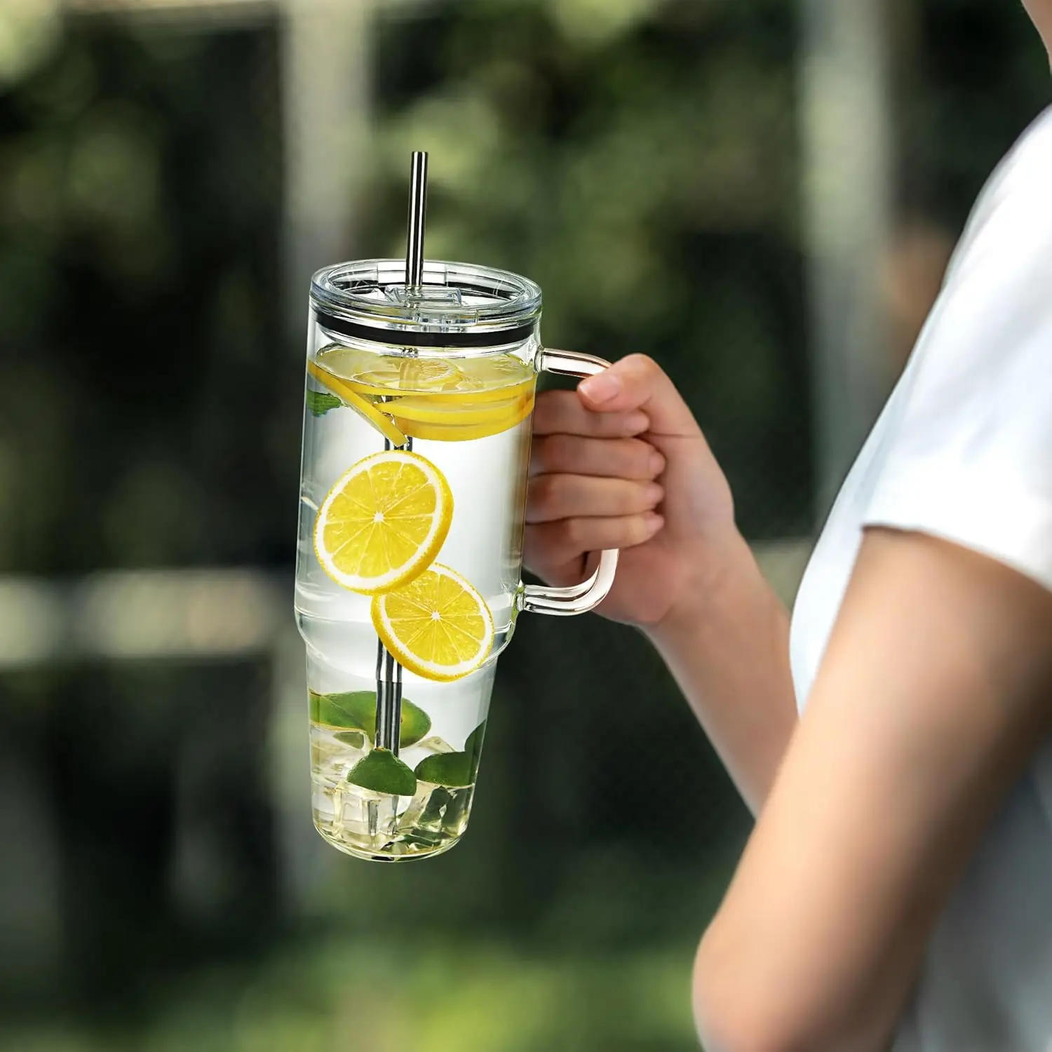 40 oz Glass Tumbler with Handle, 4Pack Clear Tumblers with Lid and Straw,  40oz Iced Coffee Cups Drinking Cups for Smoothie, Beer, Coffee, Tea, Milk,  soda, water - TikTok Shop