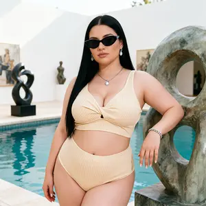 FreeBody | Plus-size vertical textured bikini set, high-waisted tummy control swimwear, two-piece swimsuit with twist knot cutout cropped top, slimming plus-size swimwear, adjustable wide shoulder straps, mom swimwear, tankini swim set, Hawaiian bikinis