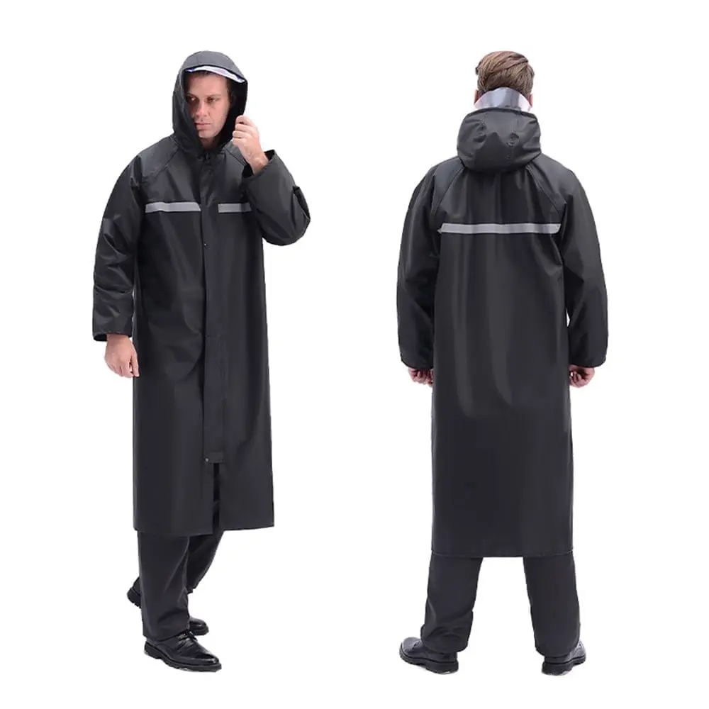 Men's Long Outdoor Raincoat - Waterproof, Rainproof, Lightweight Hooded Rainwear with Reflective Details, Reusable Black Waterproof Hooded Raincoat