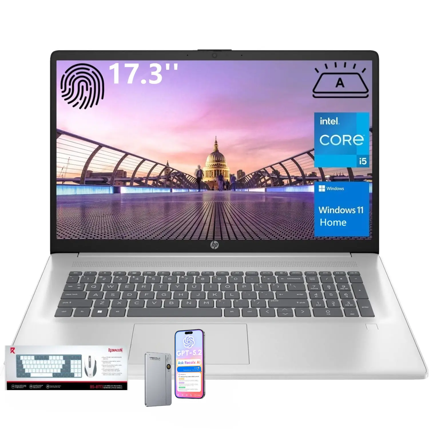 HP Essential Business Laptop, 17.3" FHD Display, Intel Core i5-1334U, up to 32GB RAM, 512GB SSD, Wi-Fi 6, Webcam, Backlit Keyboard, Windows 11 Home, Silver, Bundle Accessory