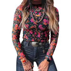 Znacicc Rose Print Mesh Top for Layering, Women's Slim Fit Mock Neck Long Sleeve Blouse , Perfect with Jeans & Jewelry for Going Out Outfit Womenswear
