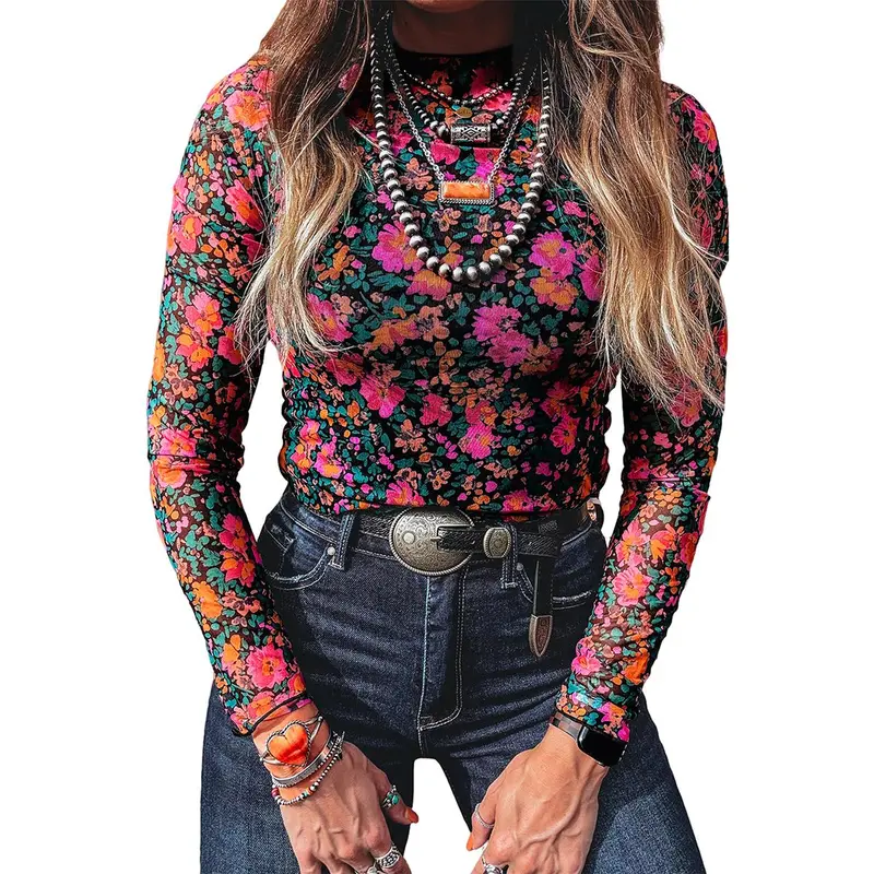 Znacicc Rose Print Mesh Top for Layering, Women's Slim Fit Mock Neck Long Sleeve Blouse , Perfect with Jeans & Jewelry for Going Out Outfit Womenswear Elegant
