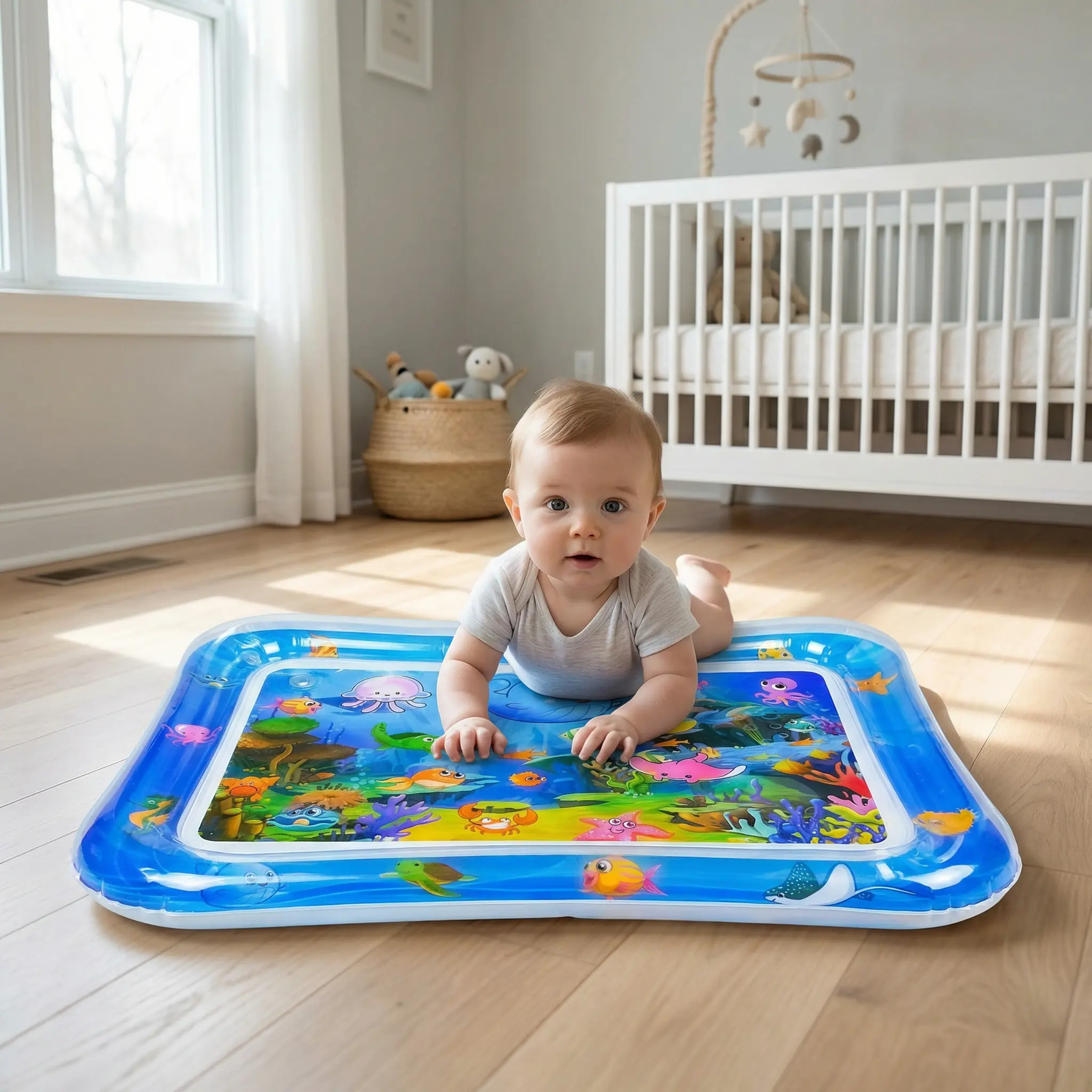 Tummy Time Water Mat for Infants and Toddlers 3 to 24 Months - Inflatable Rectangle Mat with Seabed Patterns & Marine Animals - BPA-Free, Leak-Proof, Sensory Board Toy
