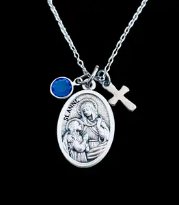Saint Anne Medal Necklace | Personalized Catholic Necklace with Birthstone | Confirmation Gift for Girls | St Anne Patron Saint Jewelry