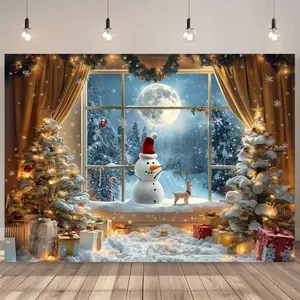 Festive Vinyl Christmas Backdrop Banner - 1pc Polyester Printed Scene with Christmas Tree, Snowman, Full Moon, Gifts - No Electricity, Featherless - Ideal for Holiday Party, Birthday Decor, Portrait Photos, Banners