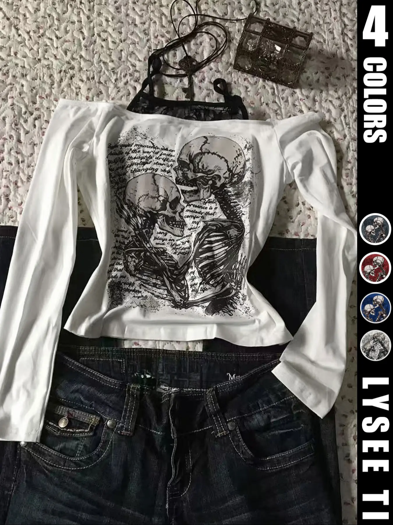 Fashion and casual y2k women's fitted skull Skeleton print Halloween shoulder strap top Shirts Long Sleeve Summer Bodycon Fitted Top