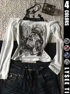 Fashion and casual y2k women's fitted skull Skeleton print Halloween shoulder strap top