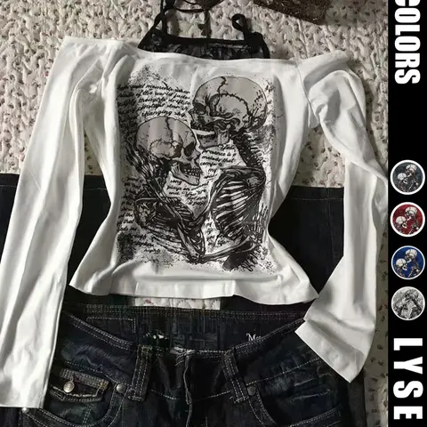 Fashion and casual y2k women's fitted skull Skeleton print Fashion Printed Pattern Halloween shoulder strap top Shirts Long Sleeve Summer Bodycon Fitted Top