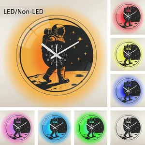 Modern Record-Shaped Wall Clock, Round Transparent Glass, Astronaut Silhouette, Starry Background, Optional LED Color Lighting