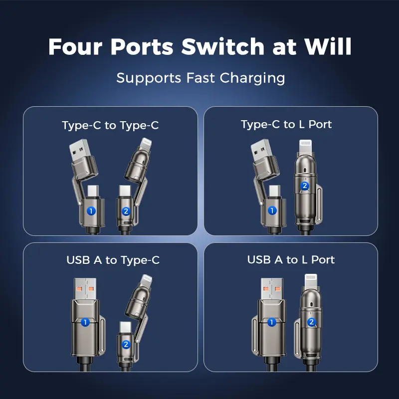 NEW - MAGIC JOHN USB Type C Charging Cable, 4 in 1 Function, 65W Fast Charging, Liquid Silicone and Aluminum Alloy Material, Braided Data Cable, Black & Gray