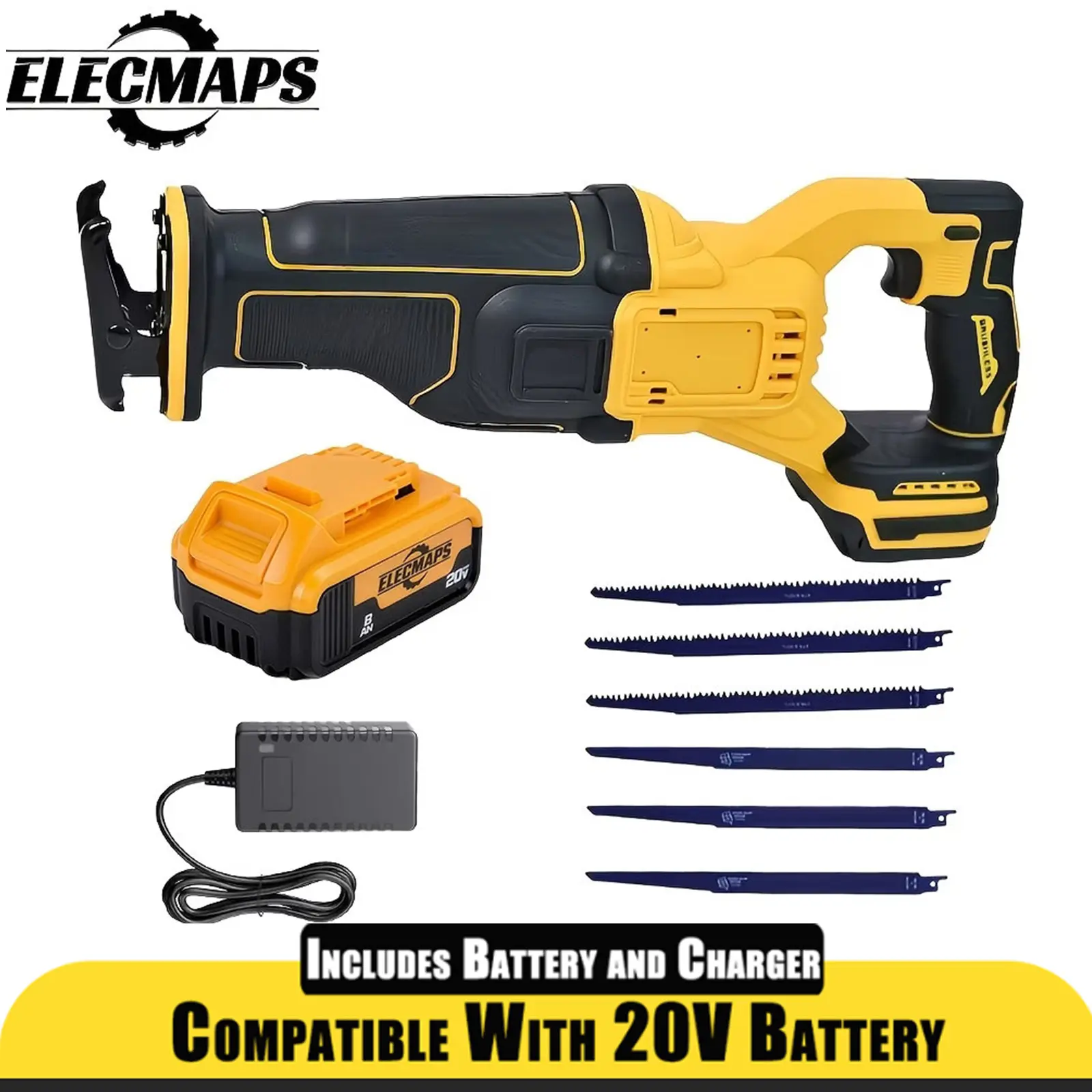 ELECMAPS Cordless Brushless Reciprocating Saw – Compatible with 20V Batteries, Variable Speed ​​(0–4000 SPM), Suitable for Cutting Wood, Metal, and PVC; Portable Power Tool with High-Performance Motor – Great for Woodworking, Ideal Gift for Men