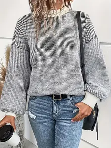 Women's Colorblock Drop Shoulder Sweater, Casual Long Sleeve Round Neck Jumper for Fall & Winter, Fashion Ladies' Knitwear Tops for Daily Wear