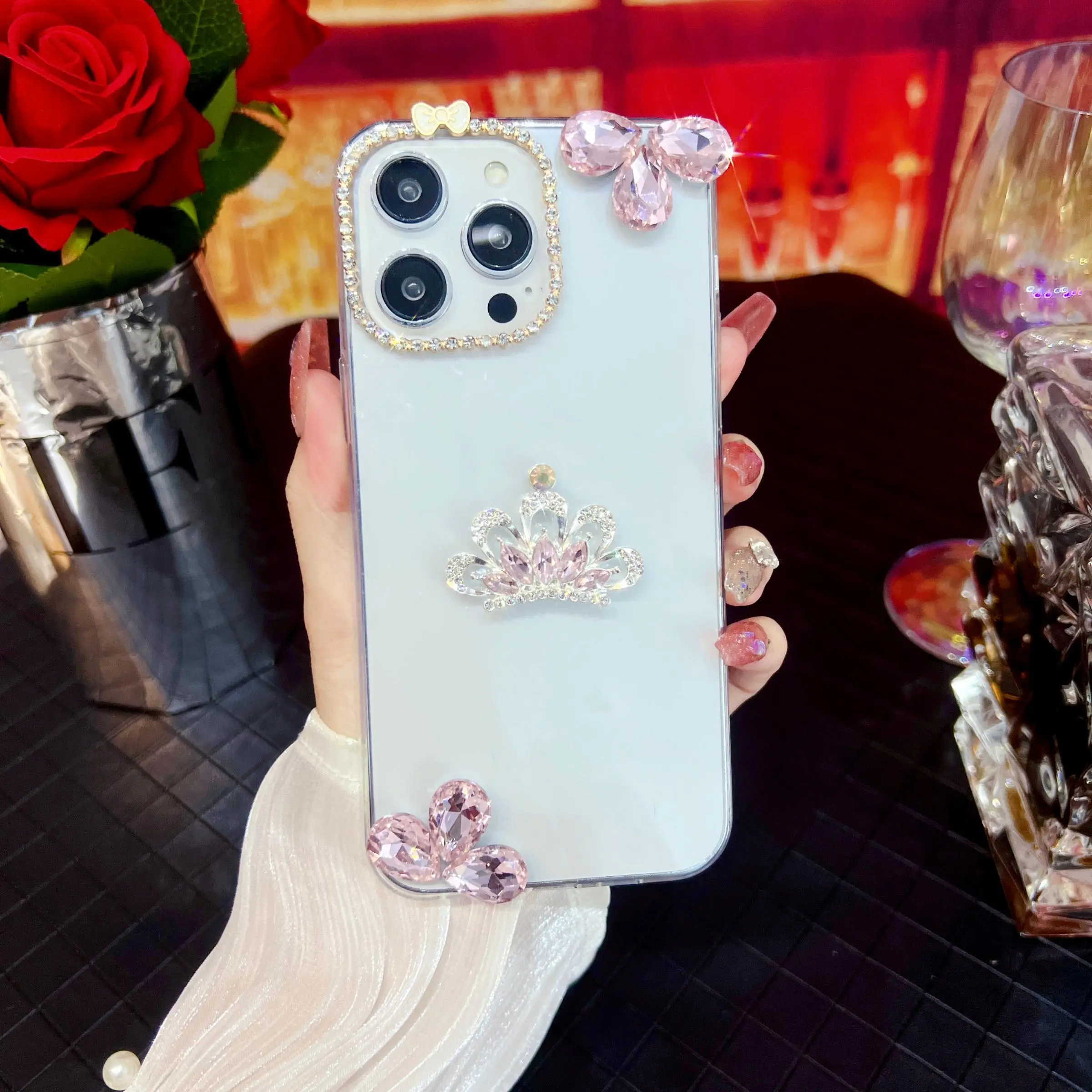 Rhinestone Crown Decor Phone Case, Elegant Phone Protective Cover, Glitter Cover, Phone Accessory Compatible with iPhone 11 12 13 14 15 Pro Max, Casing, Crown rhinestones