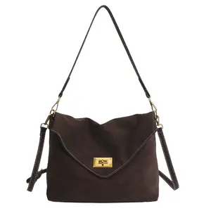 Fashionable Lock Clasp Crossbody Bag, New Solid Color Suede Shoulder Underarm Bag, Large Capacity High-Quality Women's Bag