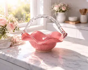 Pink Fruit Bowl Glass Vase with Floral Design Elegant Home Decor 11.8 x 11.4 in Wavy Edge Silver Handle Decorative Ornaments