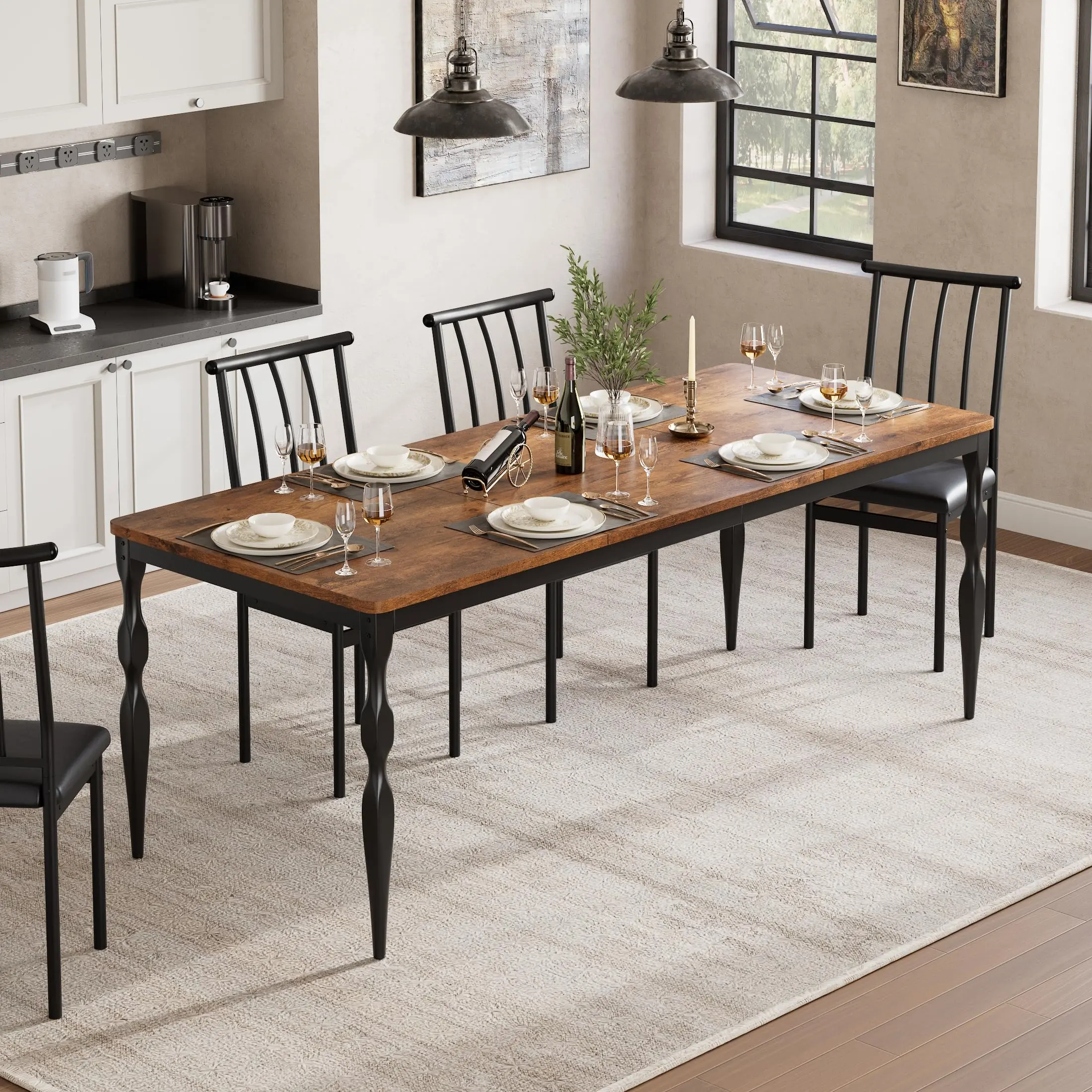Garvee Rectangular Dining Table for 6 People, 200 cm, Rustic Country Style with Large Tabletop, Sturdy Base, Perfect for Parties and Large Families, Brown Finish