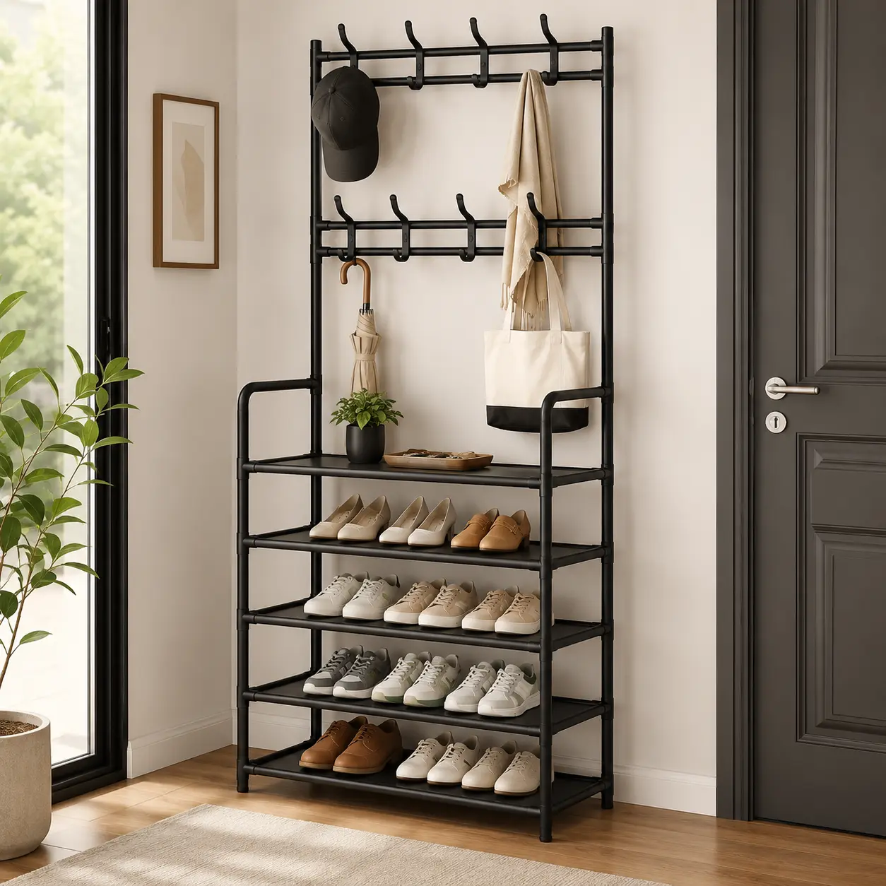 HIJOYCE Metal 5-Tier Entryway Shoe Storage with Coat Rack, Heavy-Duty Steel Frame Stable Shelf with 8 Hooks, Tool-Free Setup Freestanding Organizer, Holds 20 Pairs, for Entryway, Bedroom, White Cabinet, Entryway Storage