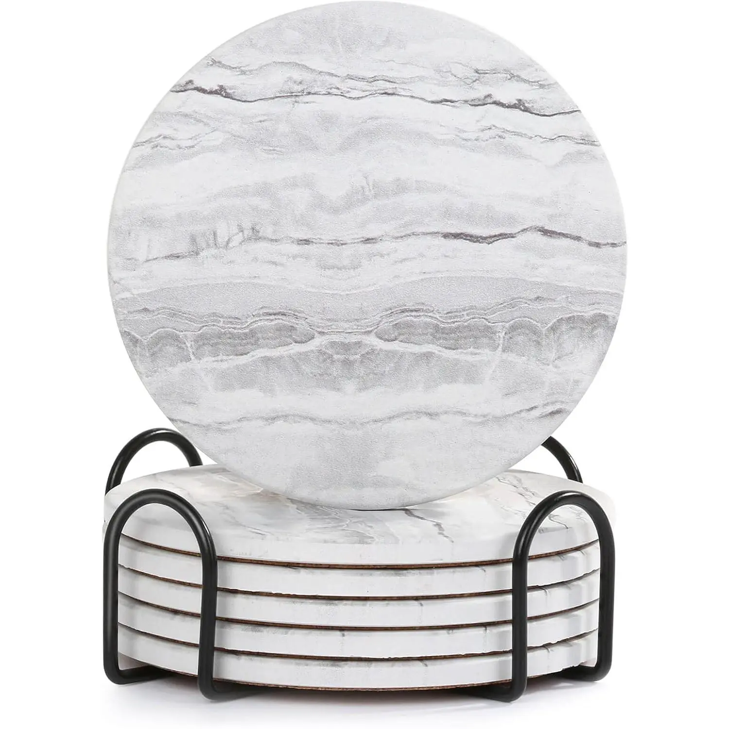 Drink Coasters with Holder for Coffee Table, Absorbent Coaster Sets of 6, Marble Style Ceramic Coaster for Wooden Table, Suitable for Kinds of Cups, Home Decor, 4 Inches
