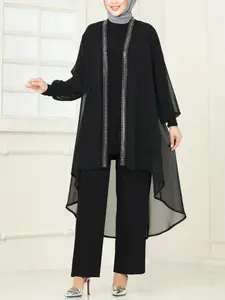 Women's Solid Color Open Front Coat & Long Sleeve Top & Pants Islamic Clothing Set, Abaya Set, Modest Three-piece Outfits for Daily Wear, Ladies Islamic Clothing for All Seasons