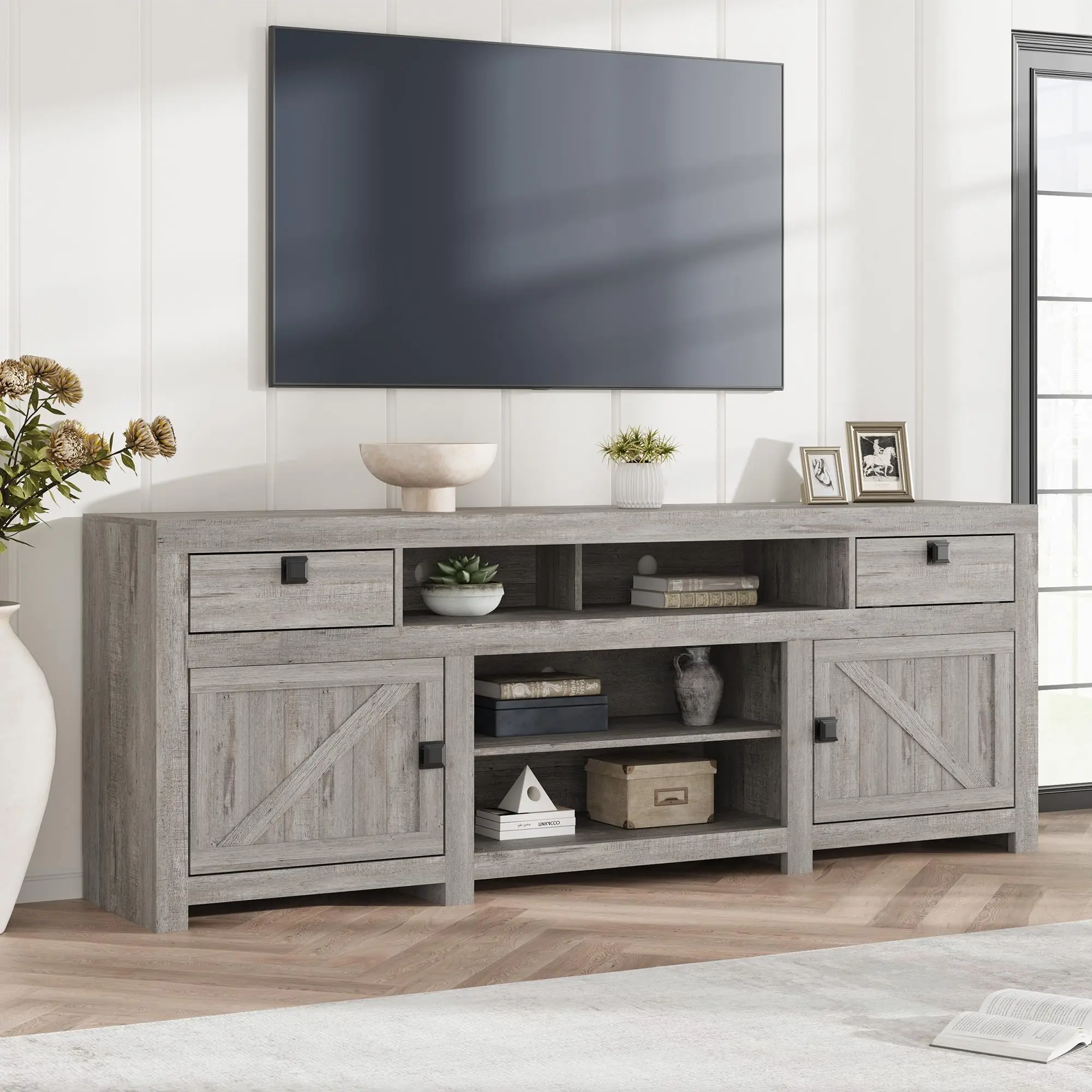 Garvee Entertainment Center Support for 75/80 Inch Screens with 4 Storage Drawers and 3 Open Shelves, Gray Console Stand for Living Room