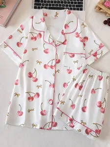 Two-Piece Cherry Print Women's Pajama Set, Soft Comfortable Fabric, Loose Fit Button Front Short Sleeve Top and Shorts, Casual Sleepwear