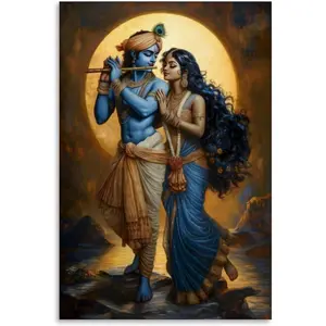 Divine Krishna And Radha Art Spiritual Canvas Print of Lord Krishna with Flute Print Art Canvas Printing for Room Bathroom Bedroom Living Room Decoration 08x12inch(20x30cm) Unframe-style Ornaments Artistic