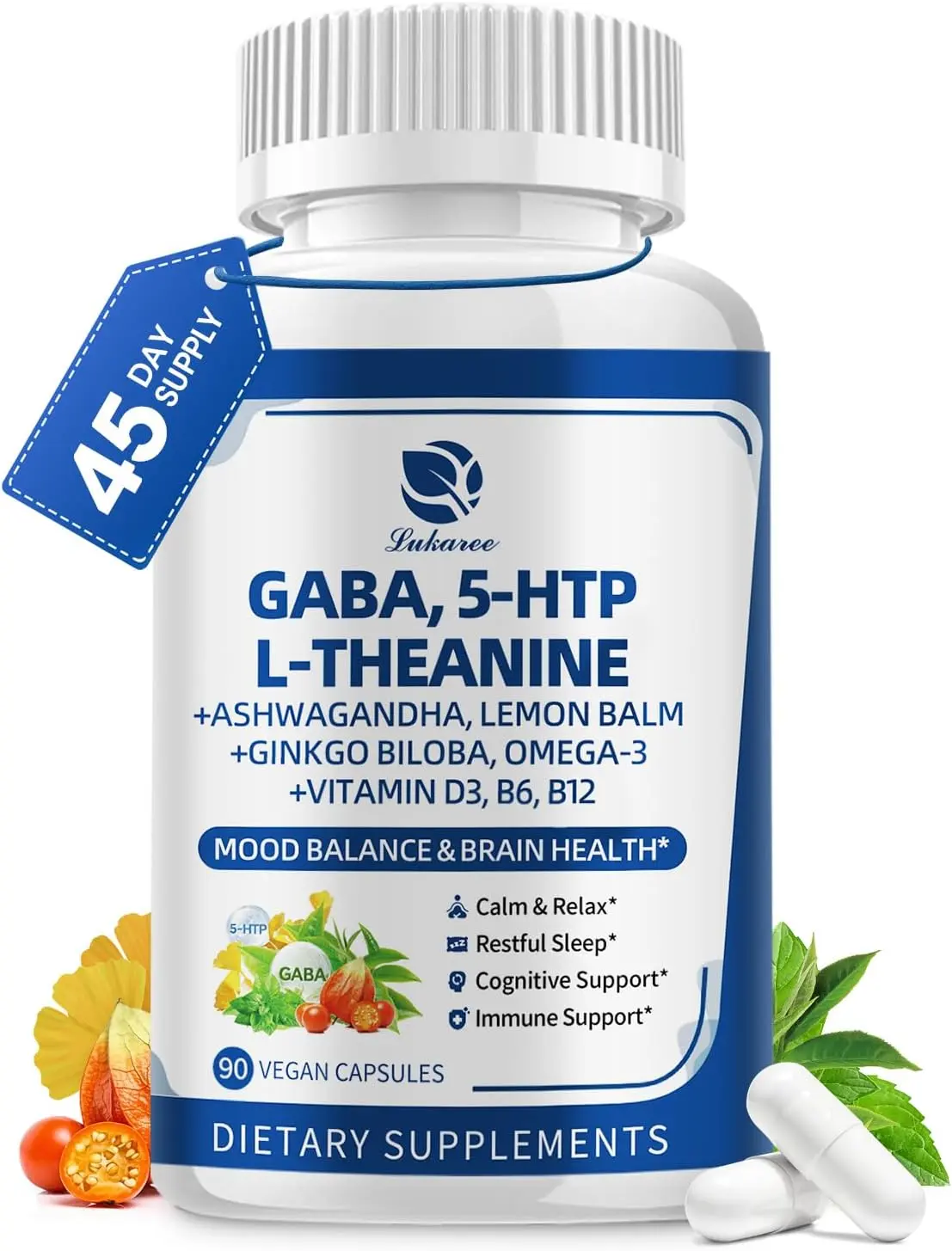 GABA Supplements 750mg with L-Theanine & Ashwagandha for Calm & Sleep 90CT | 10 in 1 Calm Capsules with 5HTP, Lemon Balm, Ginkgo Biloba, Omega-3 for Relaxation, Focus, Mood Support, Cortisol Balance