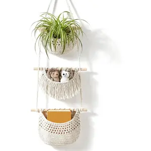 3 Tier Hanging Fruit Basket, Woven Jute Baskets for Organizing, Hanging Vegetable Fruit Baskets, Wall Storage Basket for Kitchen, Bedroom, Bathroom (White)