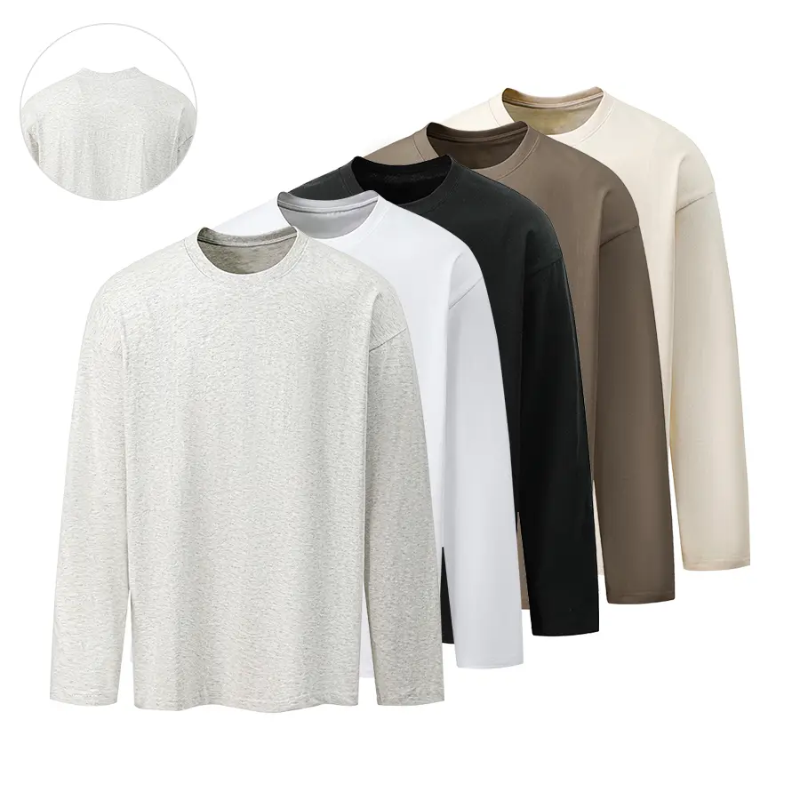Men’s high-quality pure cotton long-sleeve T-shirt with a classic crew neck and solid color design, breathable and versatile casual basic top