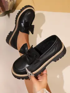 Women’s Chunky Sole Loafers, Bow Slip-On Casual Shoes, Vintage British Style Platform Shoes for Daily Wear