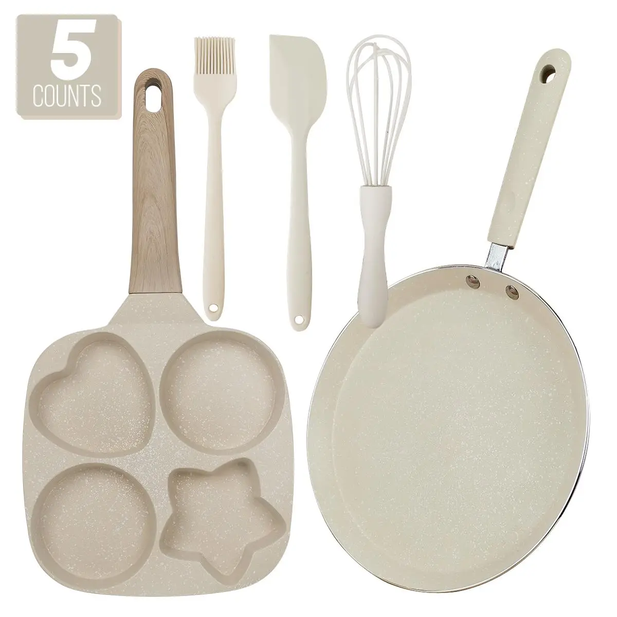 Kitchen Cookware Bakeware Set, 5 Counts/set Including Non-stick Frying Pan & Breakfast Pan & Silicone Spatula & Whisk & Basting Brush, Easy Clean Cooking Essentials Kitchenware Baking