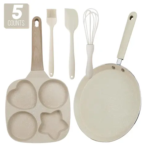 Kitchen Cookware Bakeware Set, 5 Counts/set Including Non-stick Frying Pan & Breakfast Pan & Silicone Spatula & Whisk & Basting Brush, Easy Clean Cooking Essentials Kitchenware Baking