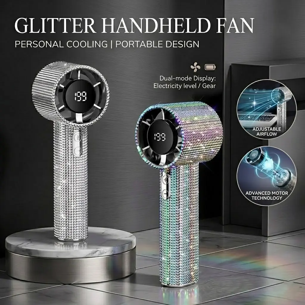 Glitter Handheld Fan, Portable 3-Speed Rechargeable Mini Fan with Digital Display, Personal Cooling Fan for Travel Outdoor Activities and Office
